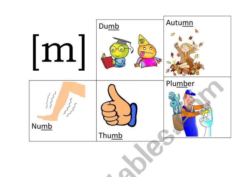 Letter combinations MB and MN. Sound [m]